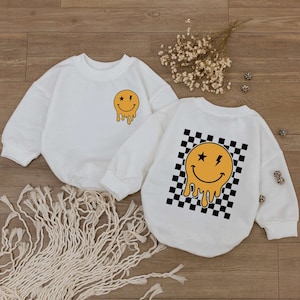 Smiley Face Baby Romper, Happy Face Bodysuit, Checkered Sweatshirt kid, Cute kids Outfit, Retro Shirt, Baby Shower Gift, Newborn Clothes