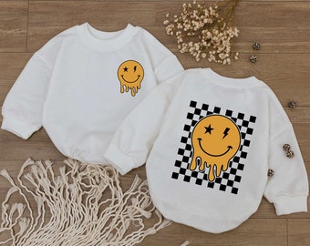 Smiley Face Baby Romper, Happy Face Bodysuit, Checkered Sweatshirt kid, Cute kids Outfit, Retro Shirt, Baby Shower Gift, Newborn Clothes