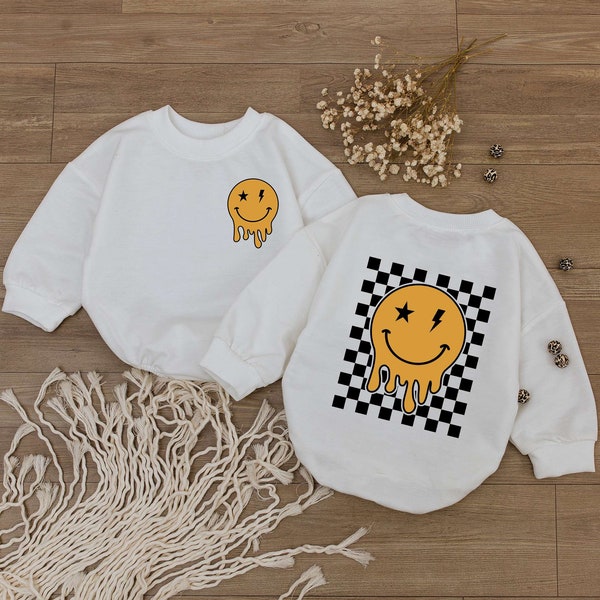 Smiley Face Baby Romper, Happy Face Bodysuit, Checkered Sweatshirt kid, Cute kids Outfit, Retro Shirt, Baby Shower Gift, Newborn Clothes