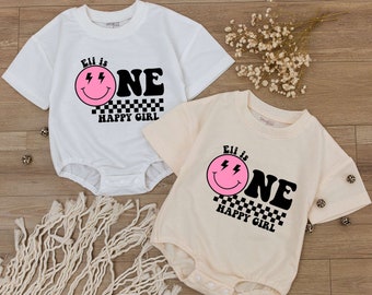 Custom One Happy Girl Birthday Fink Bodysuit, personalization kid shirt, 1st Birthday, Smiley Face Birthday Outfit, First Birthday clothes