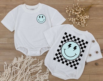 Smiley Face Baby Romper, Happy Face Bodysuit, Checkered tshirt kid, Cute kids Outfit, Retro Shirt, Baby Shower Gift, Newborn Clothes