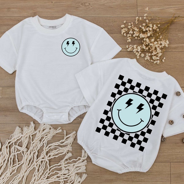 Smiley Face Baby Romper, Happy Face Bodysuit, Checkered tshirt kid, Cute kids Outfit, Retro Shirt, Baby Shower Gift, Newborn Clothes