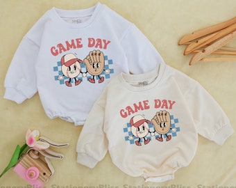 STAFAZ - Game Day One Piece, Game Day Baseball Romper, Boys Baseball Outfit, Game Day Baby Bodysuit, Retro Baseball Jumpsuit, Baby Baseball