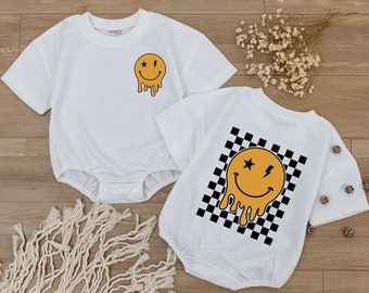 Smiley Face Baby Romper, Happy Face Bodysuit, Checkered tshirt kid, Cute kids Outfit, Retro Shirt, Baby Shower Gift, Newborn Clothes