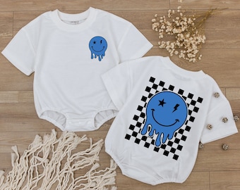 Smiley Face Blu Baby Romper, Happy Face Bodysuit, Checkered tshirt kid, Cute kids Outfit, Retro Shirt, Baby Shower Gift, Newborn Clothes