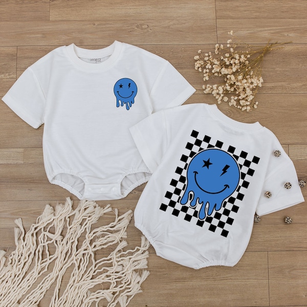 Smiley Face Blu Baby Romper, Happy Face Bodysuit, Checkered tshirt kid, Cute kids Outfit, Retro Shirt, Baby Shower Gift, Newborn Clothes