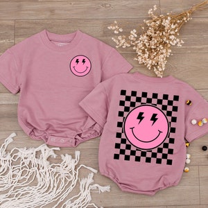 Smiley Face Pink Baby Romper, Happy Face Bodysuit, Checkered tshirt kid, Cute kids Outfit, Retro Shirt, Baby Shower Gift, Newborn Clothes image 3