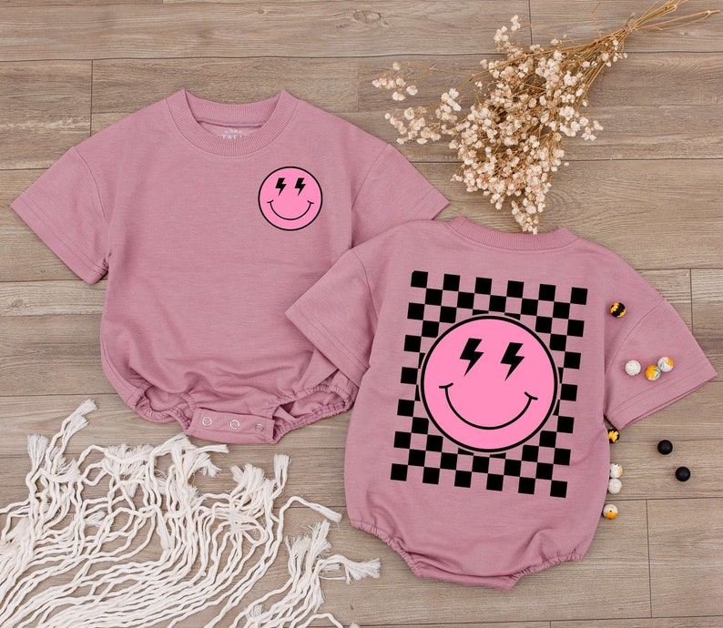Smiley Face Pink Baby Romper, Happy Face Bodysuit, Checkered tshirt kid, Cute kids Outfit, Retro Shirt, Baby Shower Gift, Newborn Clothes image 3