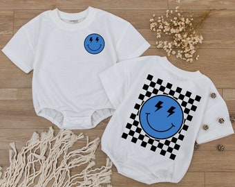 Smiley Face Blu Baby Romper, Happy Face Bodysuit, Checkered tshirt kid, Cute kids Outfit, Retro Shirt, Baby Shower Gift, Newborn Clothes