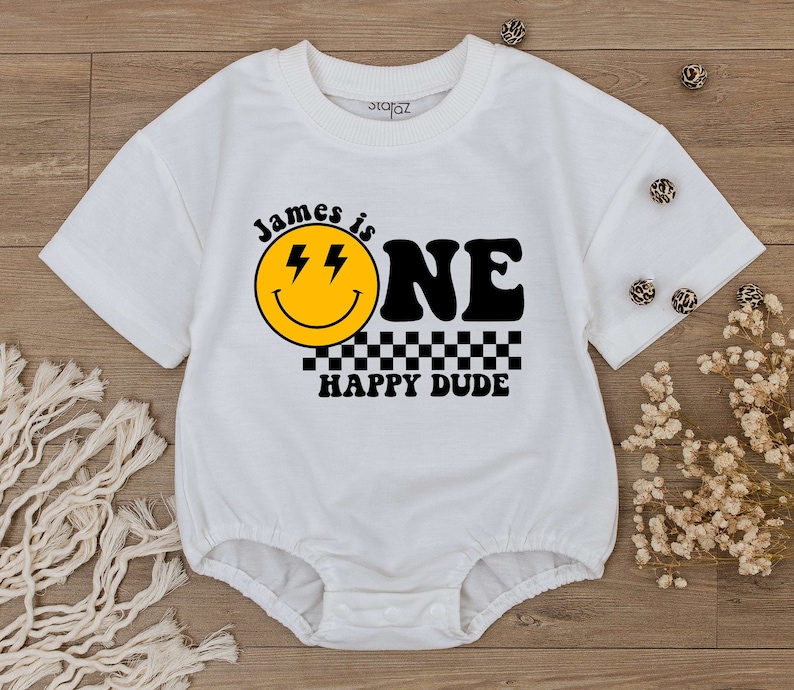 Custom One Happy Dude Birthday Bodysuit, personalization kid shirt, 1st Birthday, Smiley Face Birthday Outfit, First Birthday baby clothes image 4