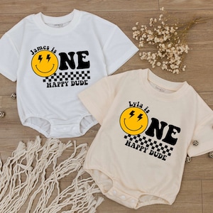 Custom One Happy Dude Birthday Bodysuit, personalization kid shirt, 1st Birthday, Smiley Face Birthday Outfit, First Birthday baby clothes
