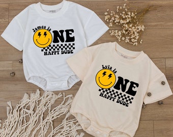 Custom One Happy Dude Birthday Bodysuit, personalization kid shirt, 1st Birthday, Smiley Face Birthday Outfit, First Birthday baby clothes