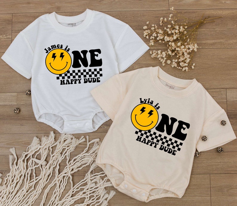 Custom One Happy Dude Birthday Bodysuit, personalization kid shirt, 1st Birthday, Smiley Face Birthday Outfit, First Birthday baby clothes image 1