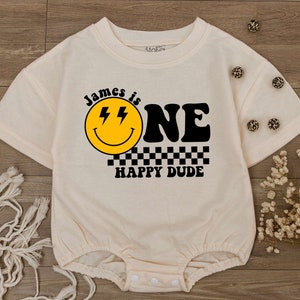 Custom One Happy Dude Birthday Bodysuit, personalization kid shirt, 1st Birthday, Smiley Face Birthday Outfit, First Birthday baby clothes image 3