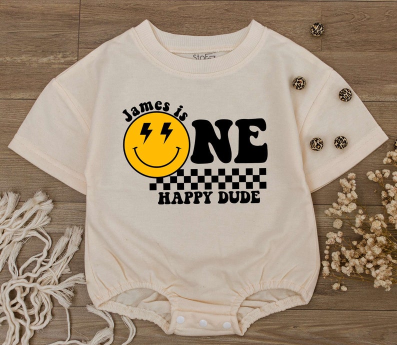 Custom One Happy Dude Birthday Bodysuit, personalization kid shirt, 1st Birthday, Smiley Face Birthday Outfit, First Birthday baby clothes image 3