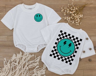 Smiley Face Teal Baby Romper, Happy Face Bodysuit, Checkered tshirt kid, Cute kids Outfit, Retro Shirt, Baby Shower Gift, Newborn Clothes