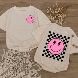Smiley Face Pink Baby Romper, Happy Face Bodysuit, Checkered tshirt kid, Cute kids Outfit, Retro Shirt, Baby Shower Gift, Newborn Clothes image 2