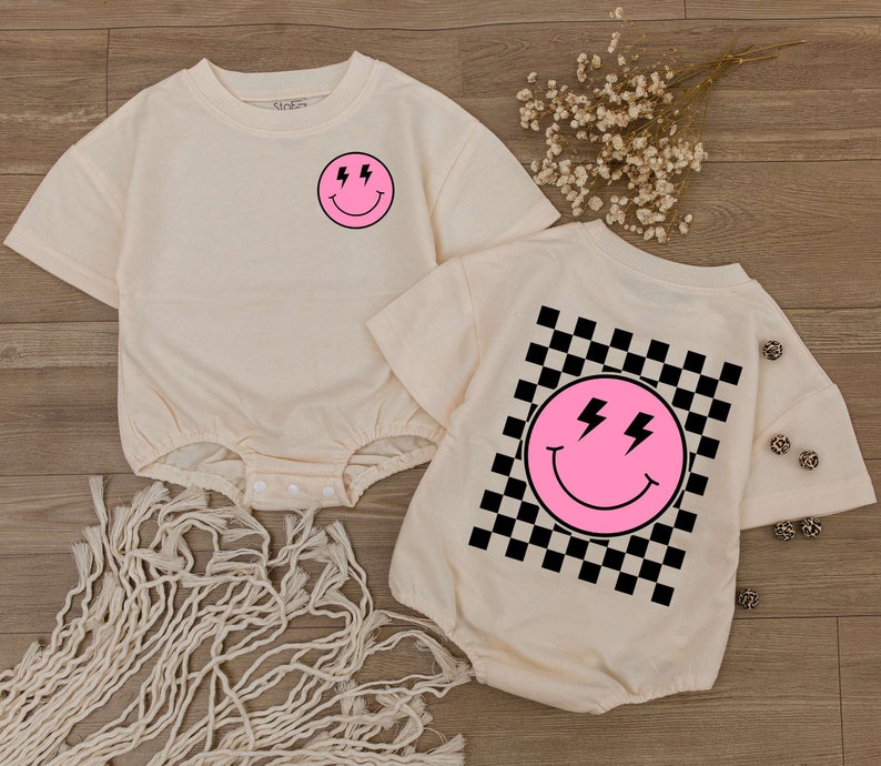 Smiley Face Pink Baby Romper, Happy Face Bodysuit, Checkered tshirt kid, Cute kids Outfit, Retro Shirt, Baby Shower Gift, Newborn Clothes image 2