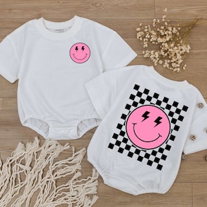 Smiley Face Pink Baby Romper, Happy Face Bodysuit, Checkered tshirt kid, Cute kids Outfit, Retro Shirt, Baby Shower Gift, Newborn Clothes image 1