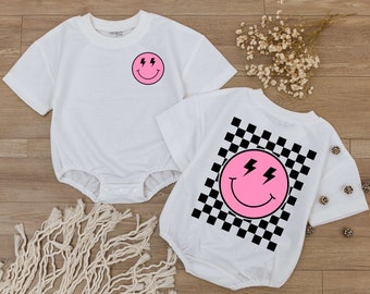 Smiley Face Pink Baby Romper, Happy Face Bodysuit, Checkered tshirt kid, Cute kids Outfit, Retro Shirt, Baby Shower Gift, Newborn Clothes