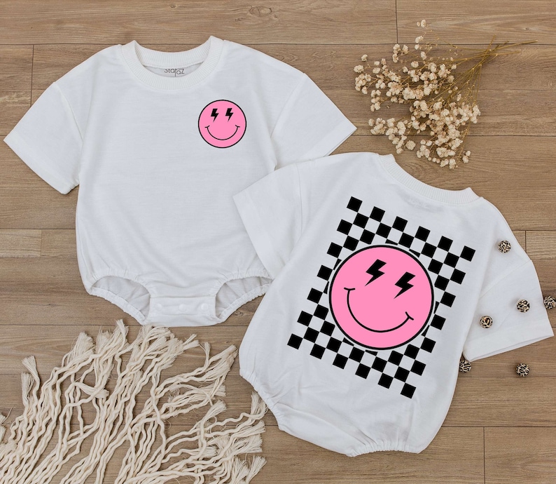 Smiley Face Pink Baby Romper, Happy Face Bodysuit, Checkered tshirt kid, Cute kids Outfit, Retro Shirt, Baby Shower Gift, Newborn Clothes image 1