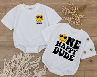 Custom One Happy Dude Birthday Bodysuit, personalization kid shirt, 1st Birthday, Smiley Face Birthday Outfit, First Birthday baby clothes