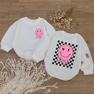 Smiley Face Girl Baby Romper, Happy Face Bodysuit, Checkered Sweatshirt kid, Cute kids Outfit, Retro Shirt, Baby Shower Gift,Newborn Clothes