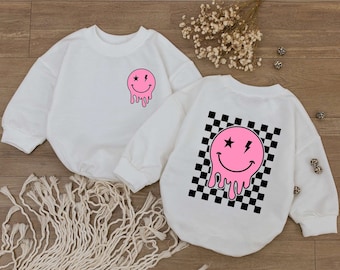 Smiley Face Girl Baby Romper, Happy Face Bodysuit, Checkered Sweatshirt kid, Cute kids Outfit, Retro Shirt, Baby Shower Gift,Newborn Clothes