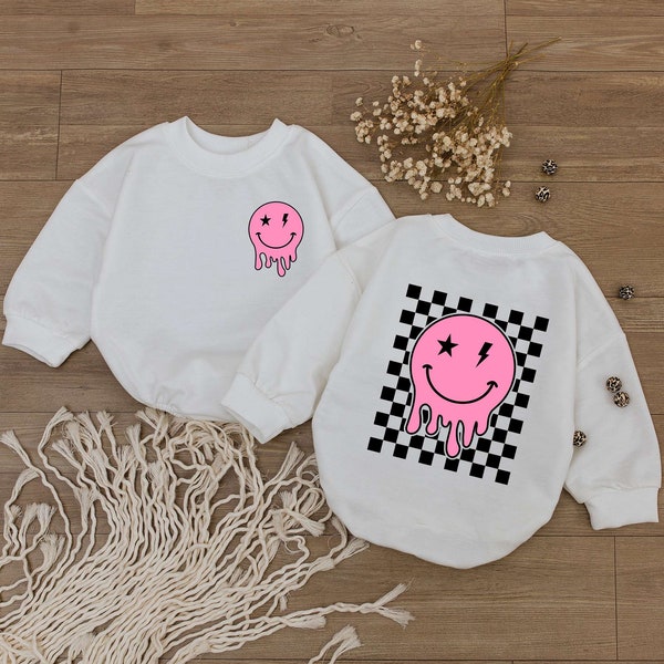 Smiley Face Girl Baby Romper, Happy Face Bodysuit, Checkered Sweatshirt kid, Cute kids Outfit, Retro Shirt, Baby Shower Gift,Newborn Clothes