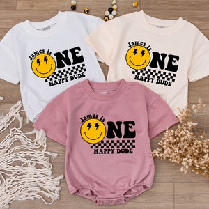 Custom One Happy Dude Birthday Bodysuit, personalization kid shirt, 1st Birthday, Smiley Face Birthday Outfit, First Birthday baby clothes image 2