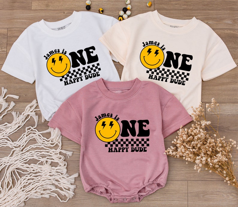 Custom One Happy Dude Birthday Bodysuit, personalization kid shirt, 1st Birthday, Smiley Face Birthday Outfit, First Birthday baby clothes image 2