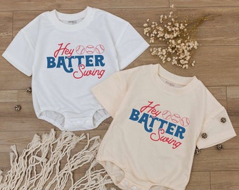 Hey Batter Batter Swing Baby Romper, Newborn Bodysuit Outfit, Retro Boy Baseball Jumpsuit, Cute girl Baseball Clothes, Sport Shirt, Game Day