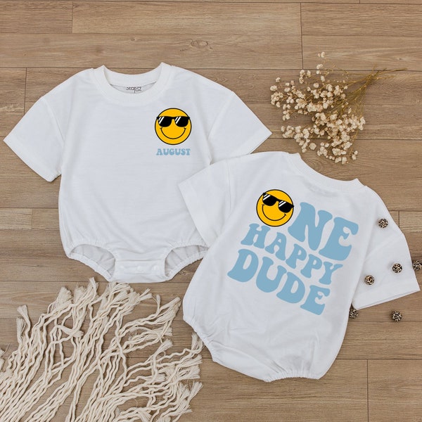 Custom One Happy Dude Birthday Bodysuit, personalization kid shirt, 1st Birthday, Smiley Face Birthday Outfit, First Birthday baby clothes