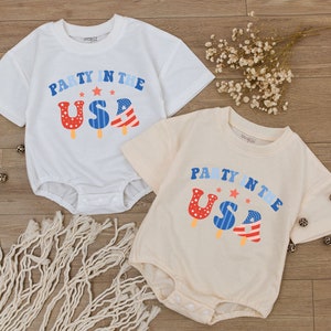 Party in the USA Hot Dog Baby Romper, Retro memorial day Romper, Fourth of July, Independence Day, American Vibes Bodysuit, US Red Blue tee