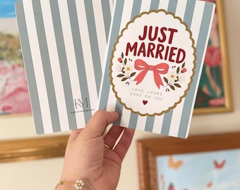 Love Looks Good || Just Married Blue Striped Greeting Card