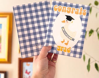 Grad-eend || Silly Goose, wenskaart afstuderen/viering blauw gingang/geruit