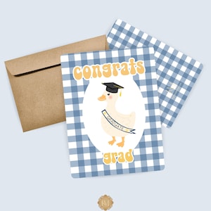 Cartão de felicitações de formatura/celebração Silly Goose em azul xadrez/guingão