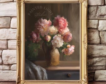 Vintage schilderij pioenrozen: Franse bloemenkunst aan de muur (afdrukbare kunst)