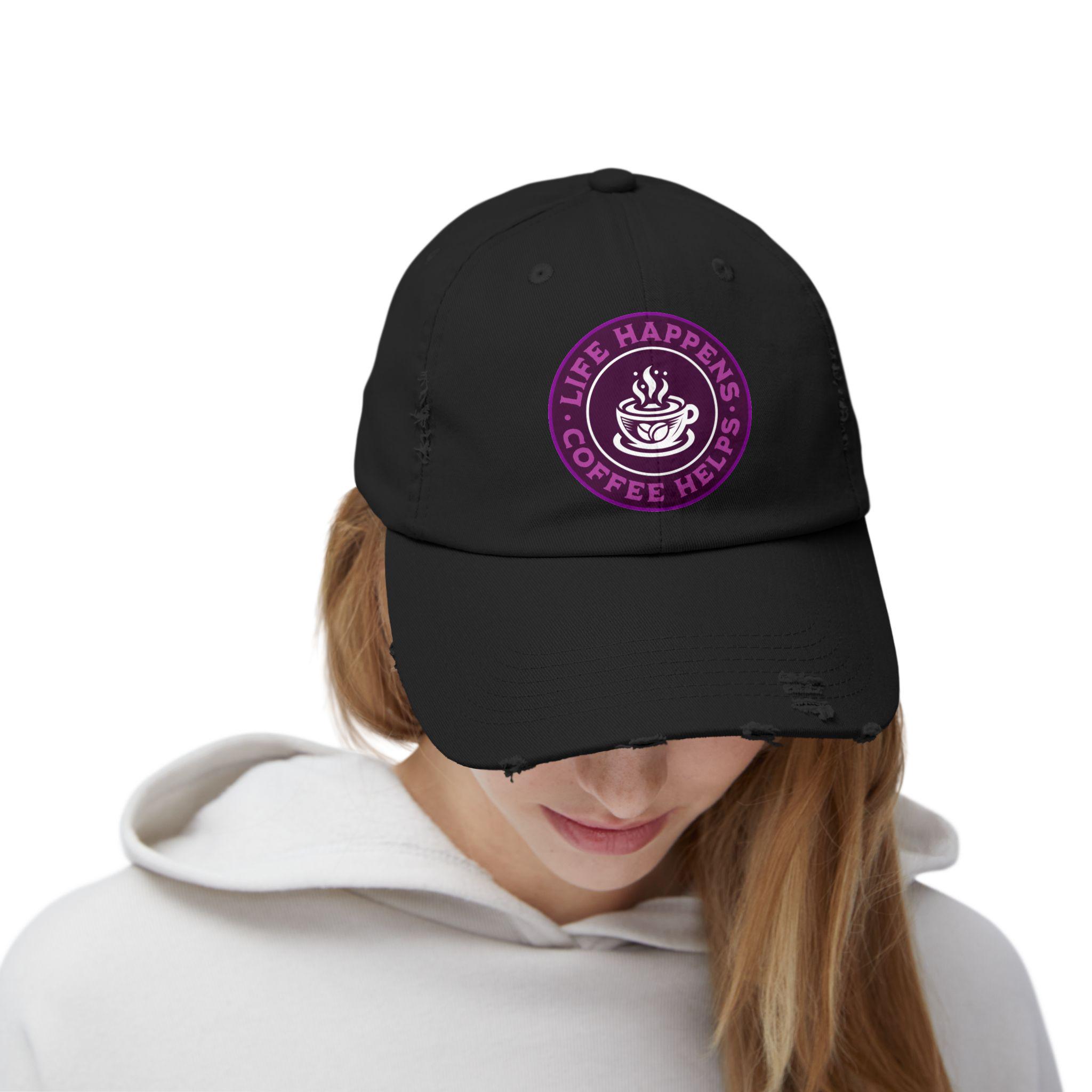 Unisex Distressed Coffee Cap, Relaxed Hat for Coffee Lovers, Gift for Baristas, Fun Casual Wear, Trendy Everyday Accessory