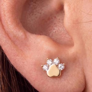 May include: A gold-toned stud earring shaped like a paw print, featuring a smooth central pad and four small, clear, round-cut stones set as the toes. The earring is positioned on the lower part of an earlobe, showcasing its metallic finish.