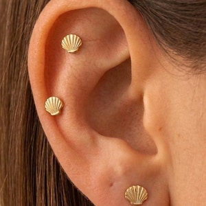 May include: Three small gold stud earrings shaped like seashells. Each earring features a textured fan-like design with vertical ridges. The studs are positioned in the earlobe and the upper cartilage area, showcasing a polished metallic finish.