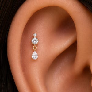 20G/18G/16G Titanium CZ Dangle Pear Labret, Threadless Push Pin Stud, Flat Back Earring
