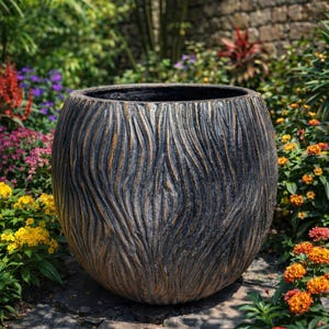 Puede incluir: Una maceta grande, redonda y texturizada con un acabado oscuro y envejecido. La maceta tiene un patrón tallado similar a la madera y se encuentra en medio de un exuberante jardín con flores y vegetación coloridas. Ideal para la decoración exterior.
