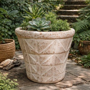 Großer rustikaler Pflanztopf, handgefertigter Blumentopf für den Außenbereich, Pflanzgefäß in Steinoptik mit Struktur Sukkulentenpflanzgefäß