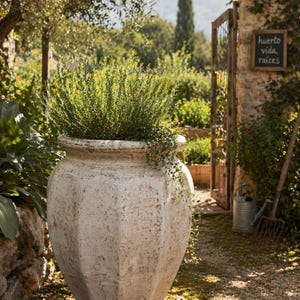 Puede incluir: Una gran maceta de cerámica blanquecina y desgastada, llena de plantas verdes. La maceta tiene una superficie texturizada y un diseño acanalado único. La escena está ambientada en un jardín con un muro de piedra, una puerta y un letrero que dice "huerto vida raices."