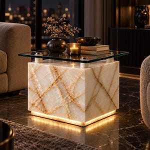 Puede incluir: Una mesa auxiliar cuadrada con una base de piedra veteada en blanco y ámbar y una tapa de cristal. La base está iluminada desde abajo por una tira de luz cálida. La mesa cuenta con cuatro soportes metálicos de tono plateado.