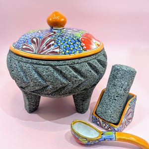 Mexican Molcajete 8” – Volcanic Stone Mortar & Pestle with Orange Talavera Lid – Handmade Kitchen Gift