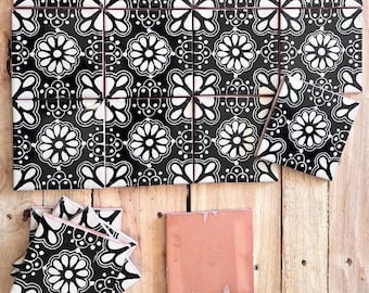 100 pieces of Mexican Talavera tile, ornamental backsplash, Talavera 4x4, white flower on black background, for kitchen mosaic art