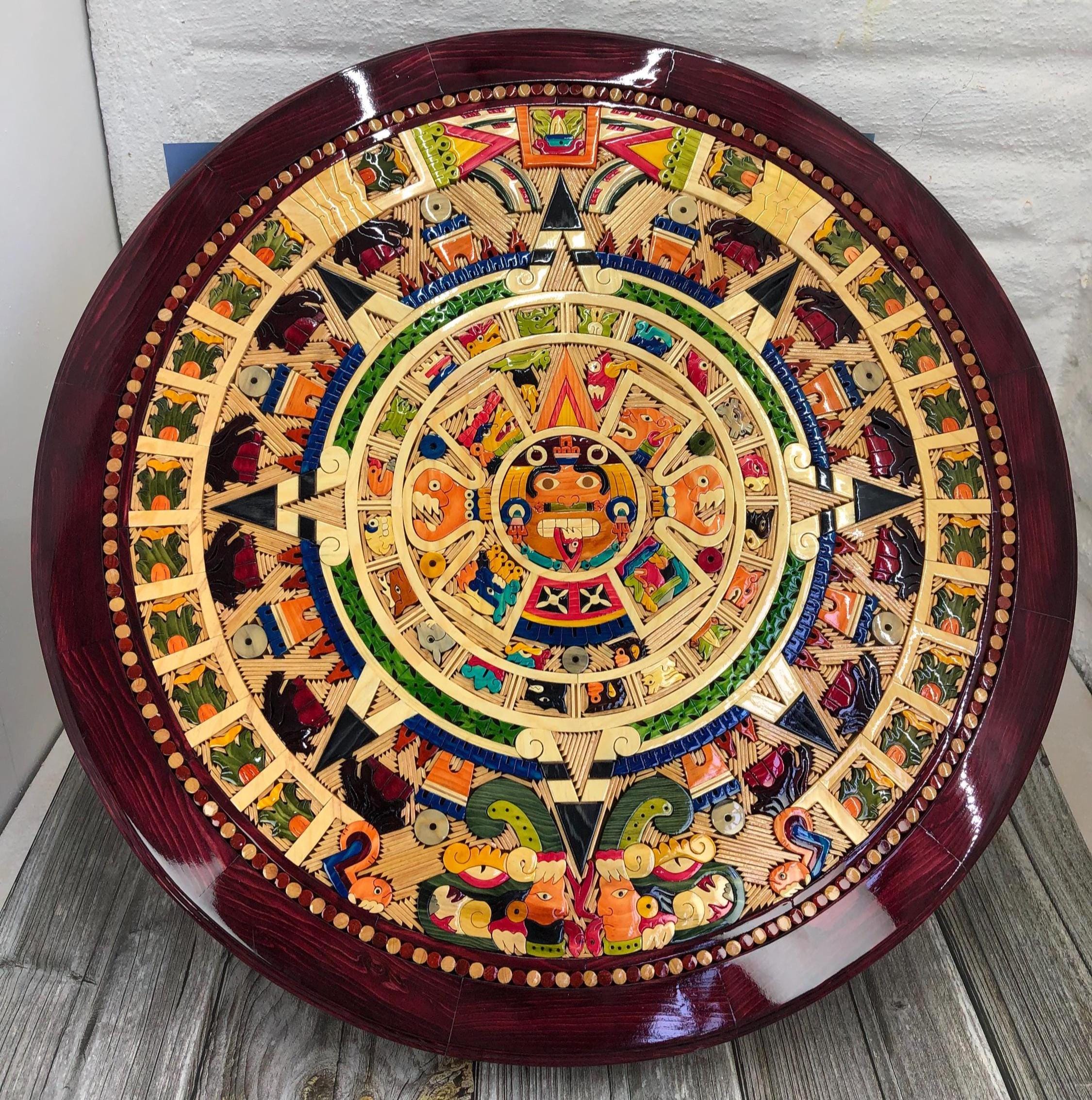 30 Inch Aztec Calendar Wall Art – Hand Carved Wooden Mayan Sun Stone ...