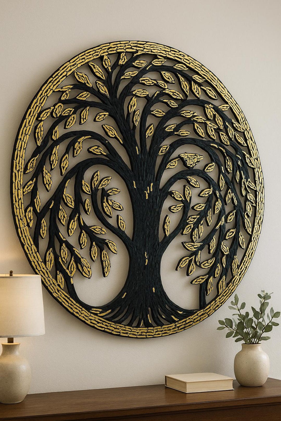 Black and Gold Tree of Life Wall Sculpture – Large Round Metal Art for ...